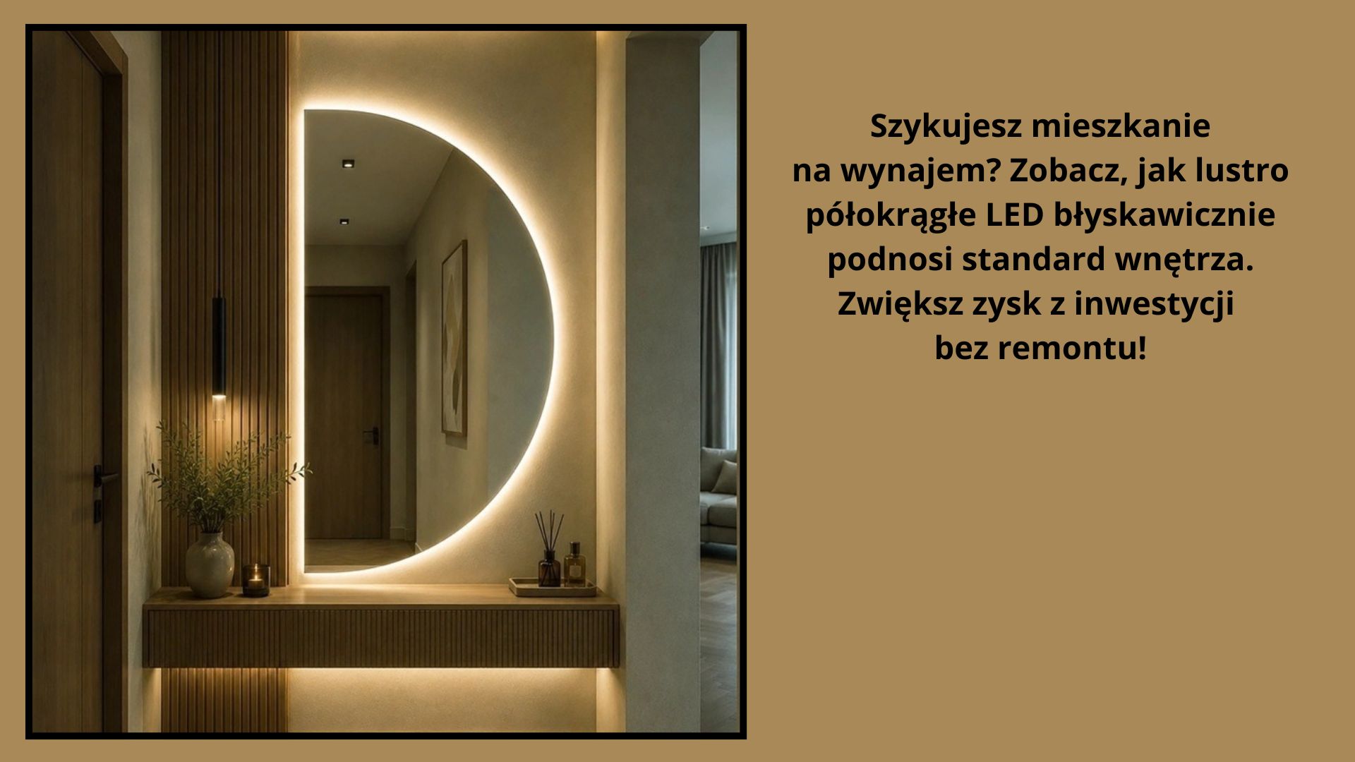 Szybki lifting wnętrza przed wynajmem. Lustro półokrągłe LED podniesie standard mieszkania w Łodzi